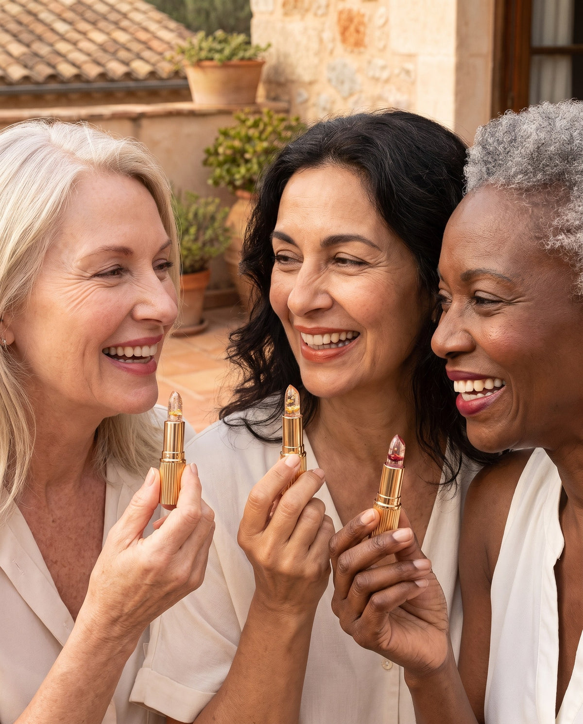 Three friends holding the same clear lipstick, each with her own rose